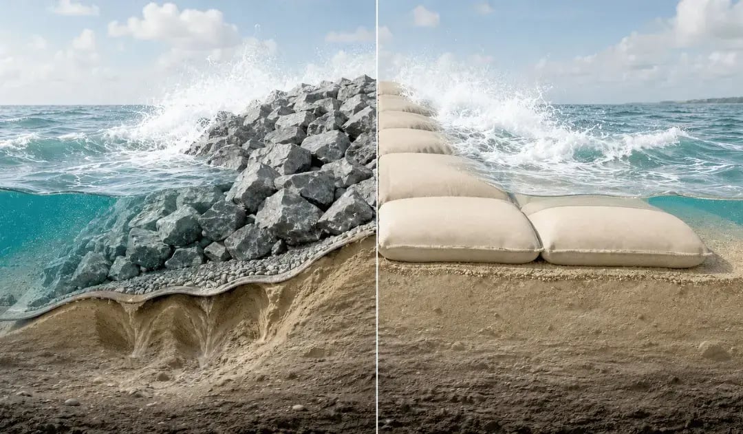 Geotextile sand containers vs. armour stone revetment