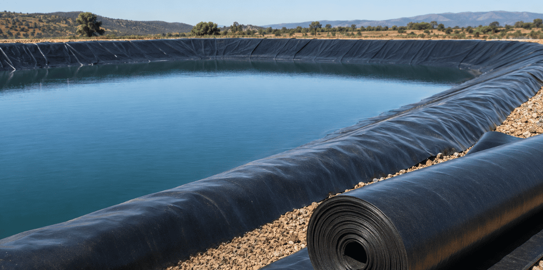 Reservorio de agua con geomembrana HDPE instalada para impermeabilización y almacenamiento hídrico en aplicación agrícola e industrial.