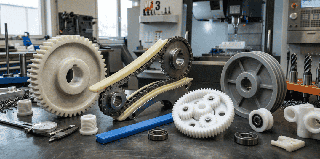 Conjunto de piezas industriales maquinadas en plásticos de ingeniería, que incluye un engranaje de gran escala, guías de cadena autolubricadas, poleas de carga y componentes de precisión en una mesa de trabajo de taller CNC con maquinaria al fondo.