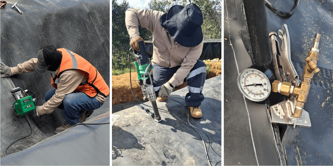 Triángulo de estanqueidad en geomembranas, extrusoras, soldadoras de geomembrana, pruebas de hermeticidad