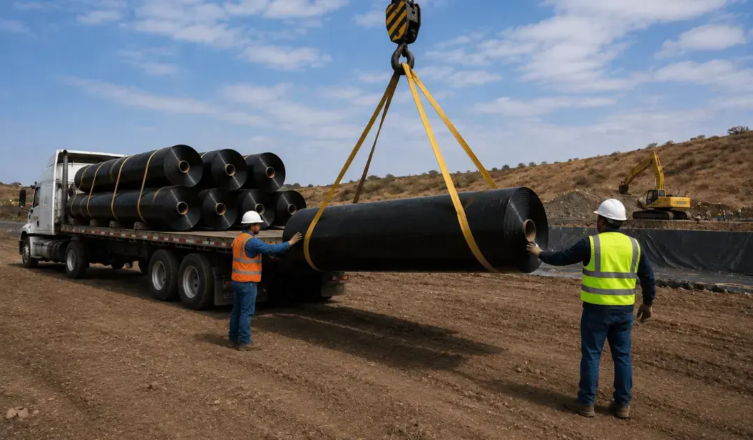 transportar almacenar rollos de geomembrana en sitio ldm