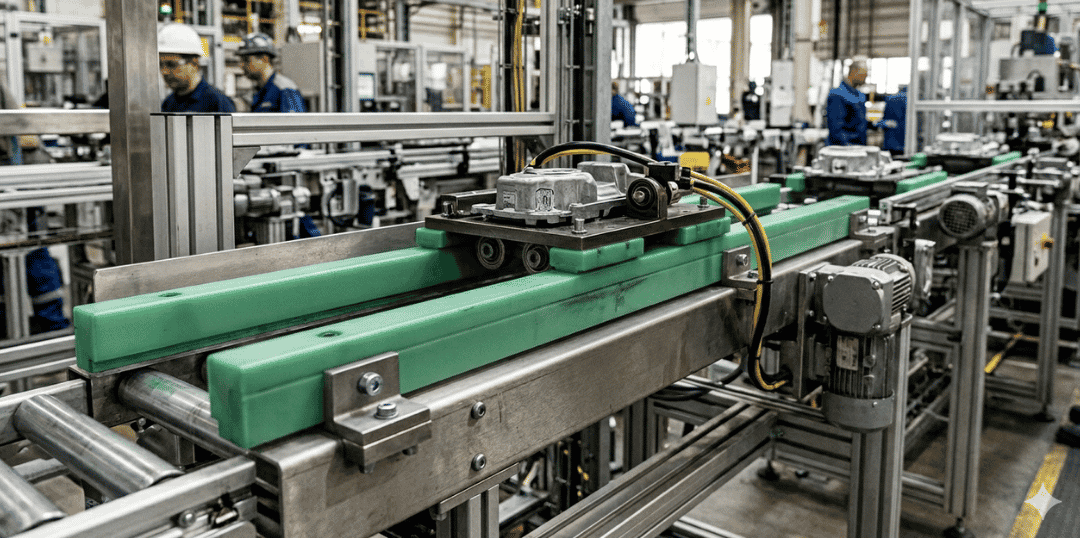 Línea de producción industrial con guías y deslizadores de plástico UHMWPE de color verde, diseñados para la reducción de fricción y un deslizamiento suave de componentes metálicos en una cinta transportadora de fábrica.